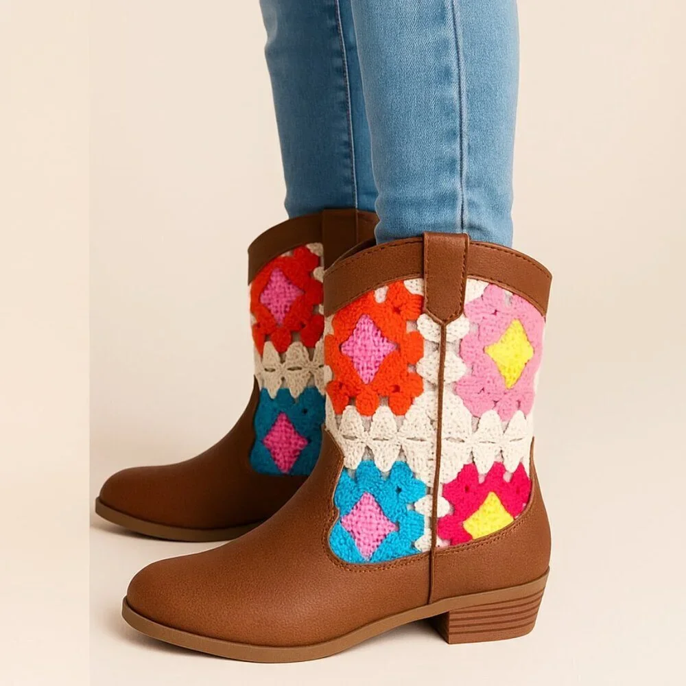Sonoma Girls Western Cowboy Boots Brown Crochet Mid-Calf Ankle Boots Size 4